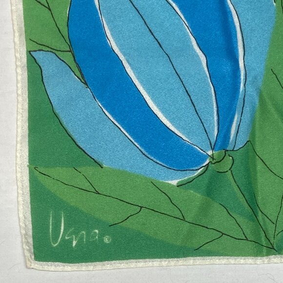Vintage Vera Neumann Daisy and Tulip Design Small Square Scarf Blue Green White - Picture 4 of 4